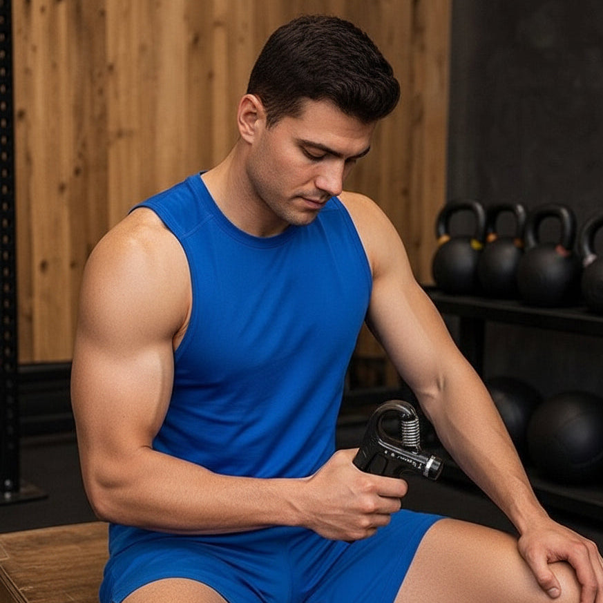 Homme faisant un exercice de préhension avec un hand grip réglable