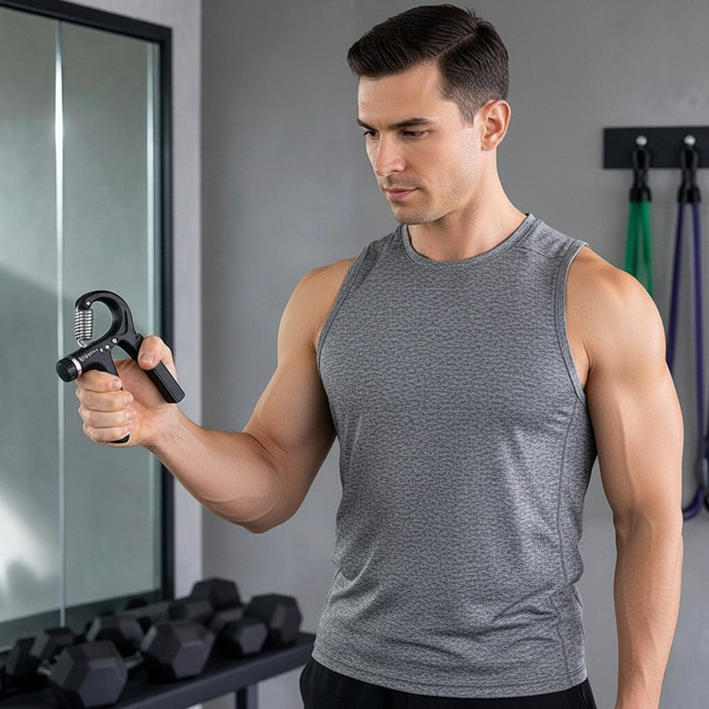 Homme faisant un exercice de préhension avec un hand grip réglable