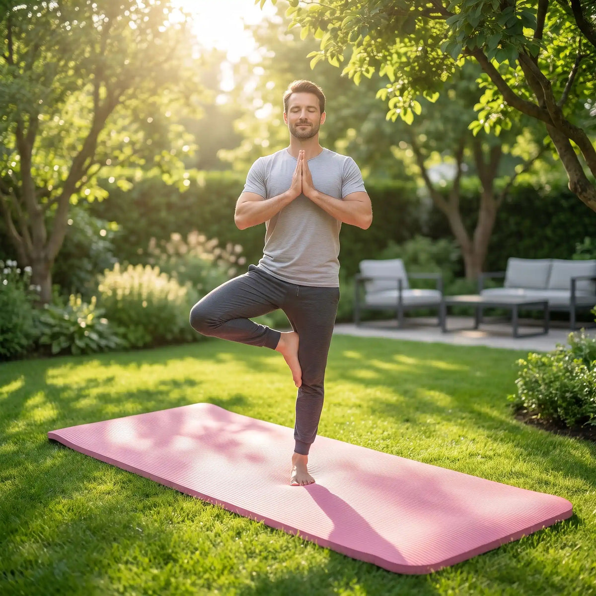 homme fait yoga sur tapis de gym épais enroulable