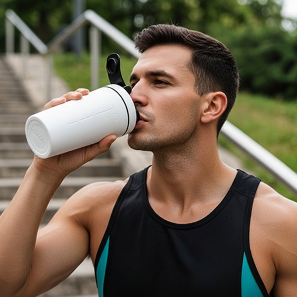 Homme qui boit dans un shaker blanc