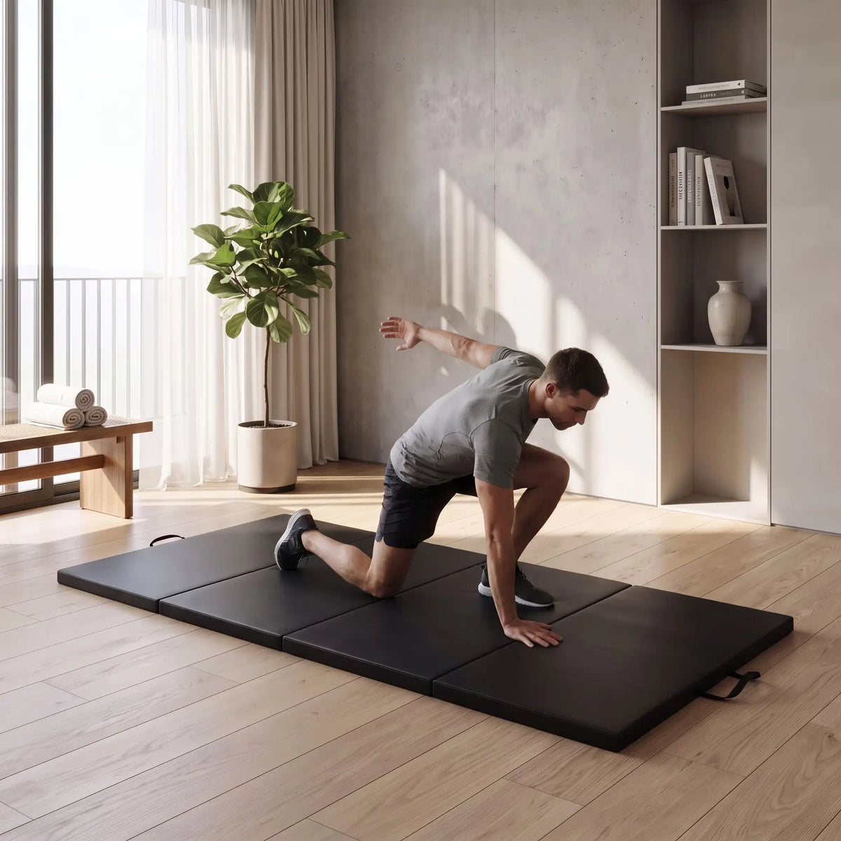 homme s'entraine sur tapis de gym épais pliable
