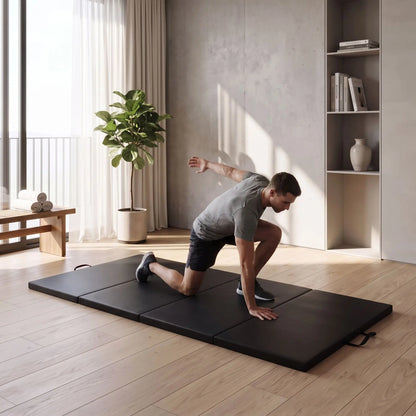 homme s'entraine sur tapis de gym épais pliable
