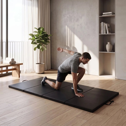 homme s'entraine sur tapis de gym épais pliable
