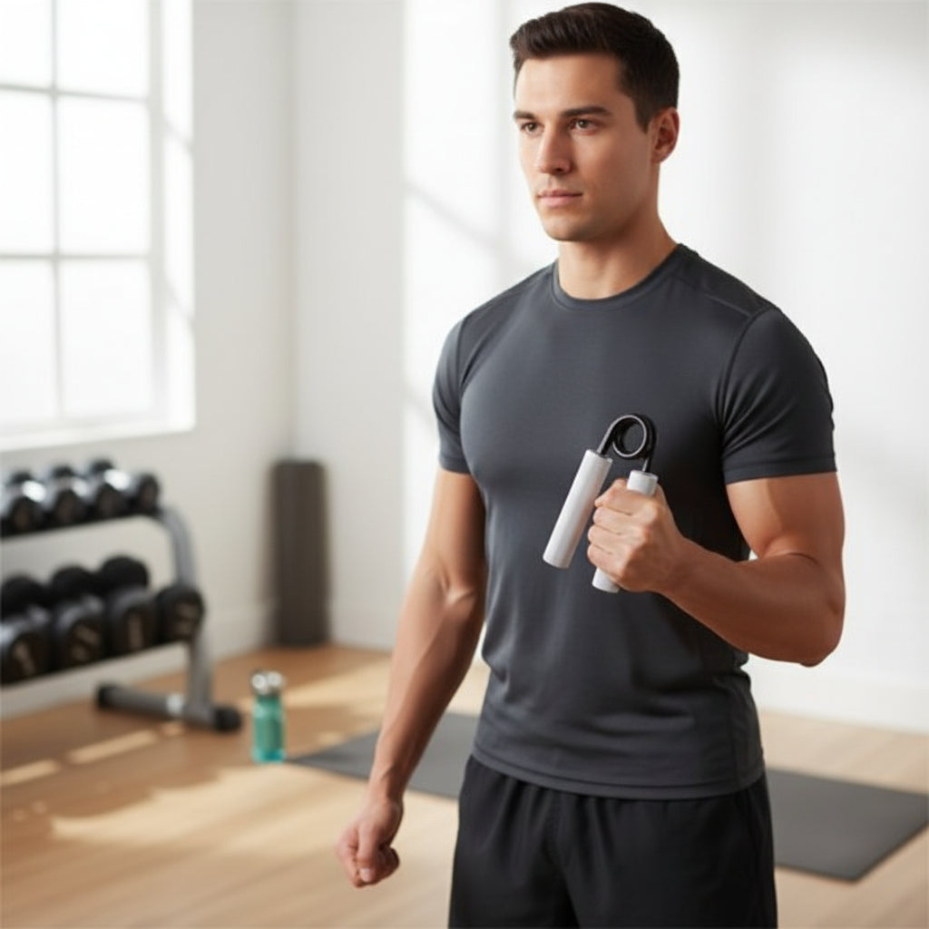 homme s'exerce avec le Hand grip dans sa maison