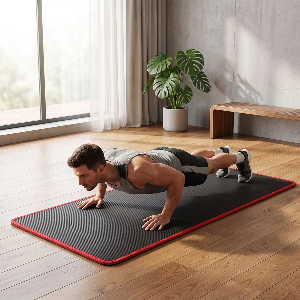 homme s'exerce sur tapis de gym épais et large