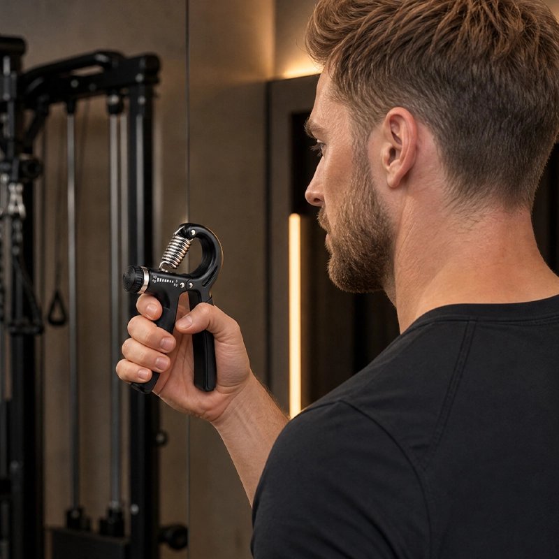 Homme utilisant un hand grip réglable pour renforcer ses avant-bras