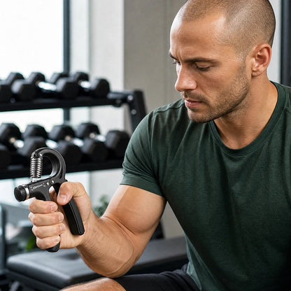 Homme utilisant un hand grip réglable pour renforcer ses avant-bras