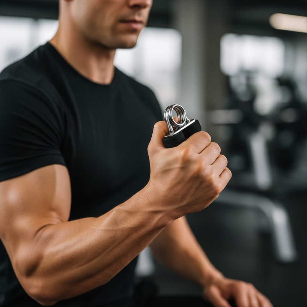 un homme utilise le Hand grip pour renforcer ses bras